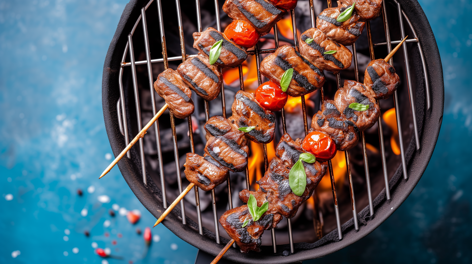 Grilled skewers with marinated meat and cherry tomatoes sizzle over a charcoal BBQ, set against a vibrant blue background, creating a mouthwatering HD wallpaper.