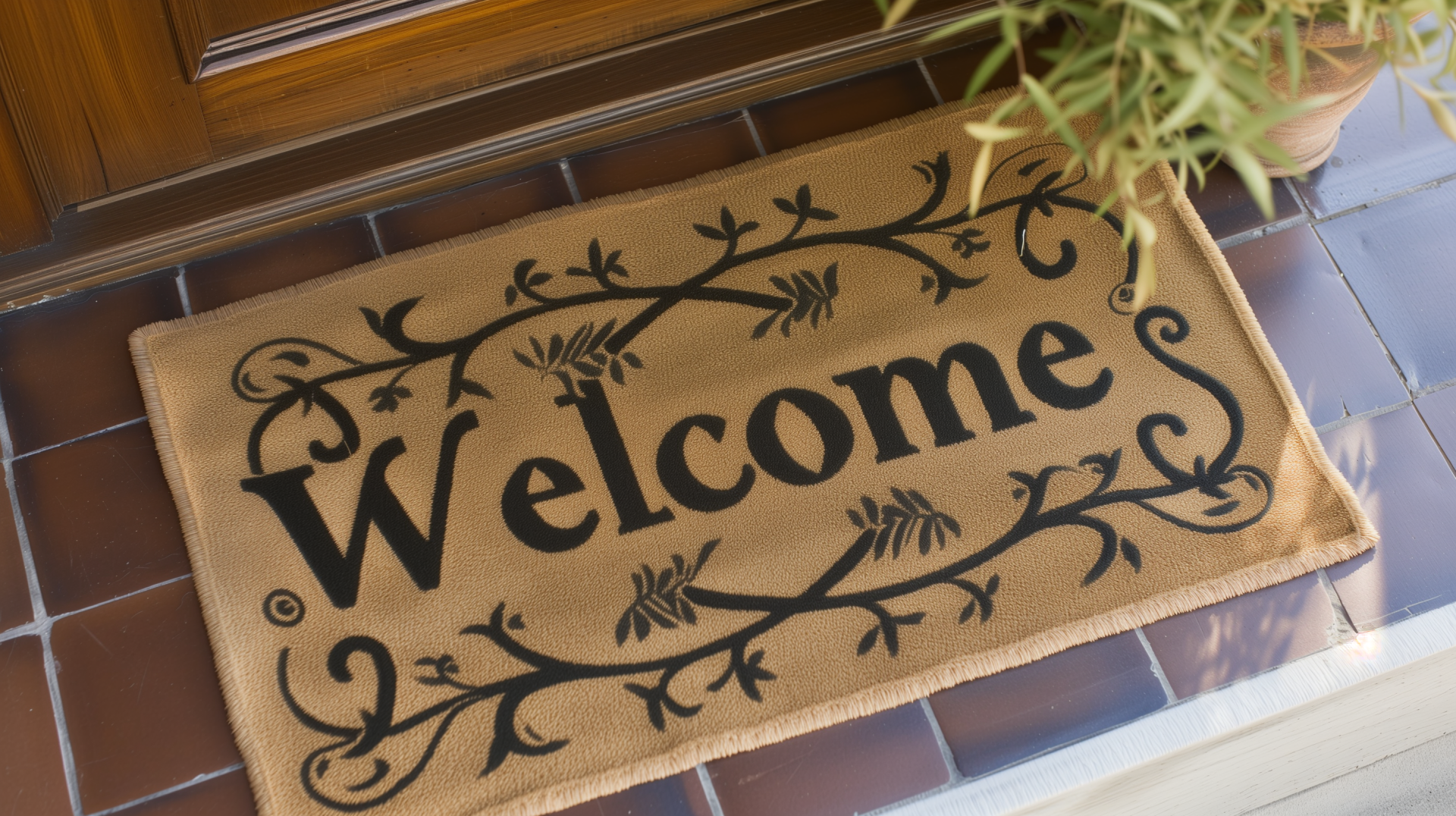 HD desktop wallpaper of a decorative welcome doormat with elegant black script and leaf patterns on a house entryway floor.