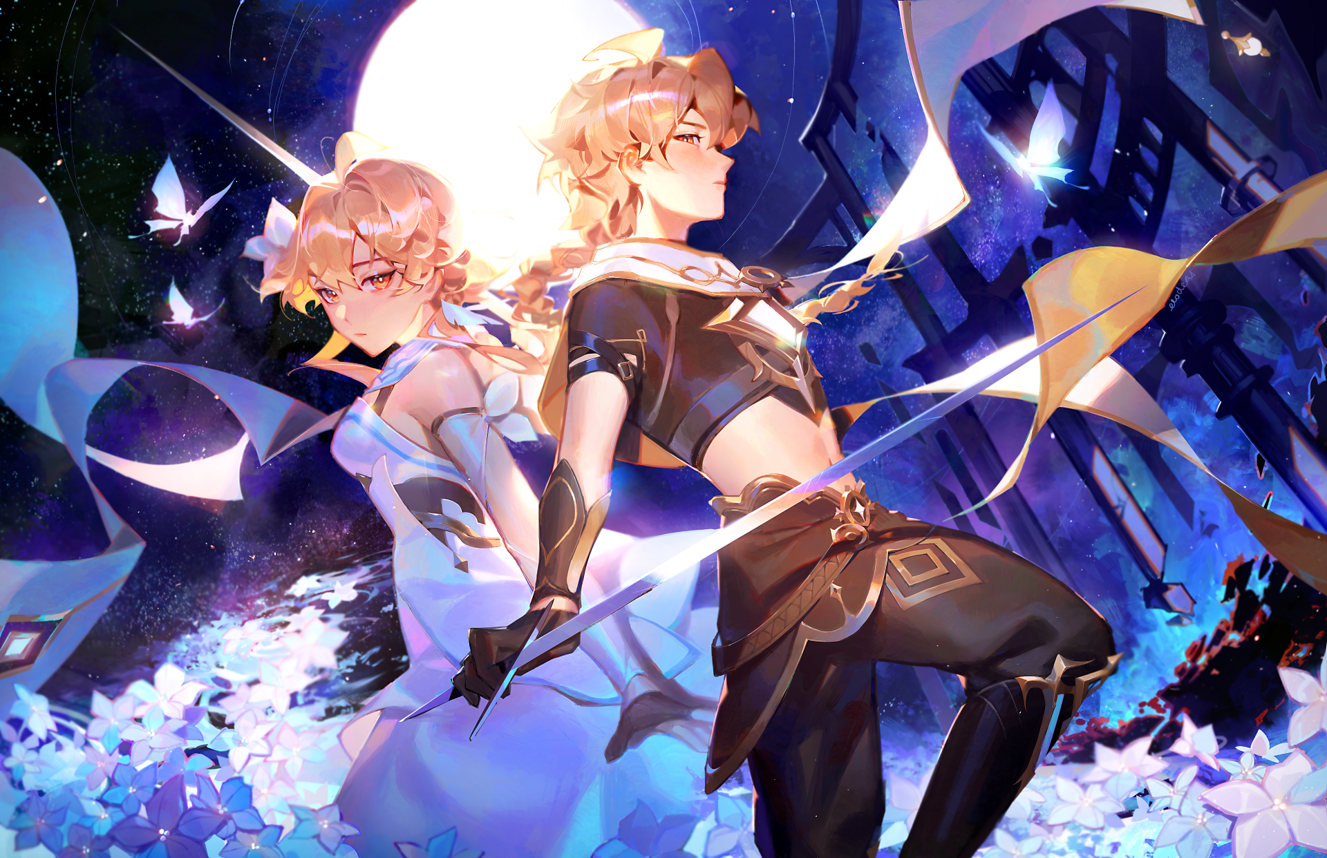 4K Ultra HD PC wallpaper featuring Lumine and Aether from Genshin Impact, set against a dynamic, luminous background with ethereal and futuristic elements.