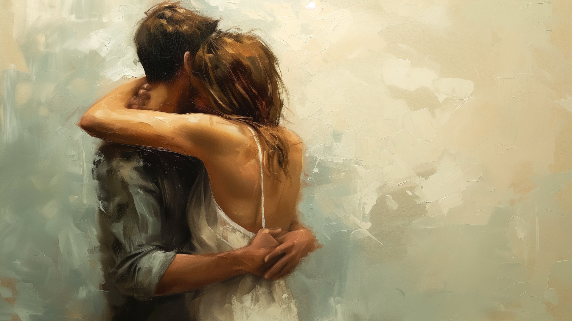 A romantic embrace between a couple, capturing a moment of intimacy against a soft, abstract background. This HD wallpaper evokes warmth and connection.