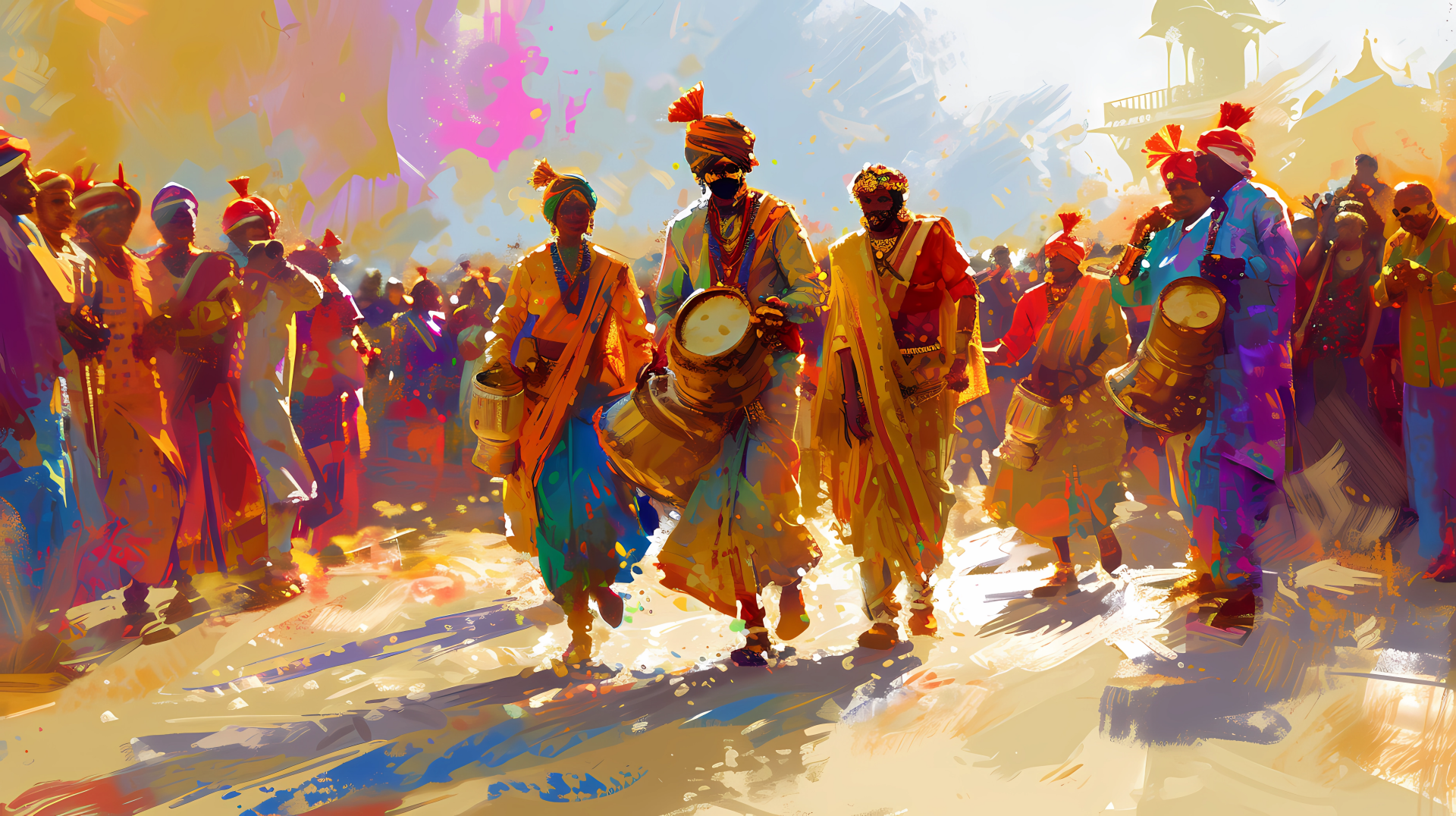 Colorful oriental parade with traditional attire and musicians as HD desktop wallpaper background.
