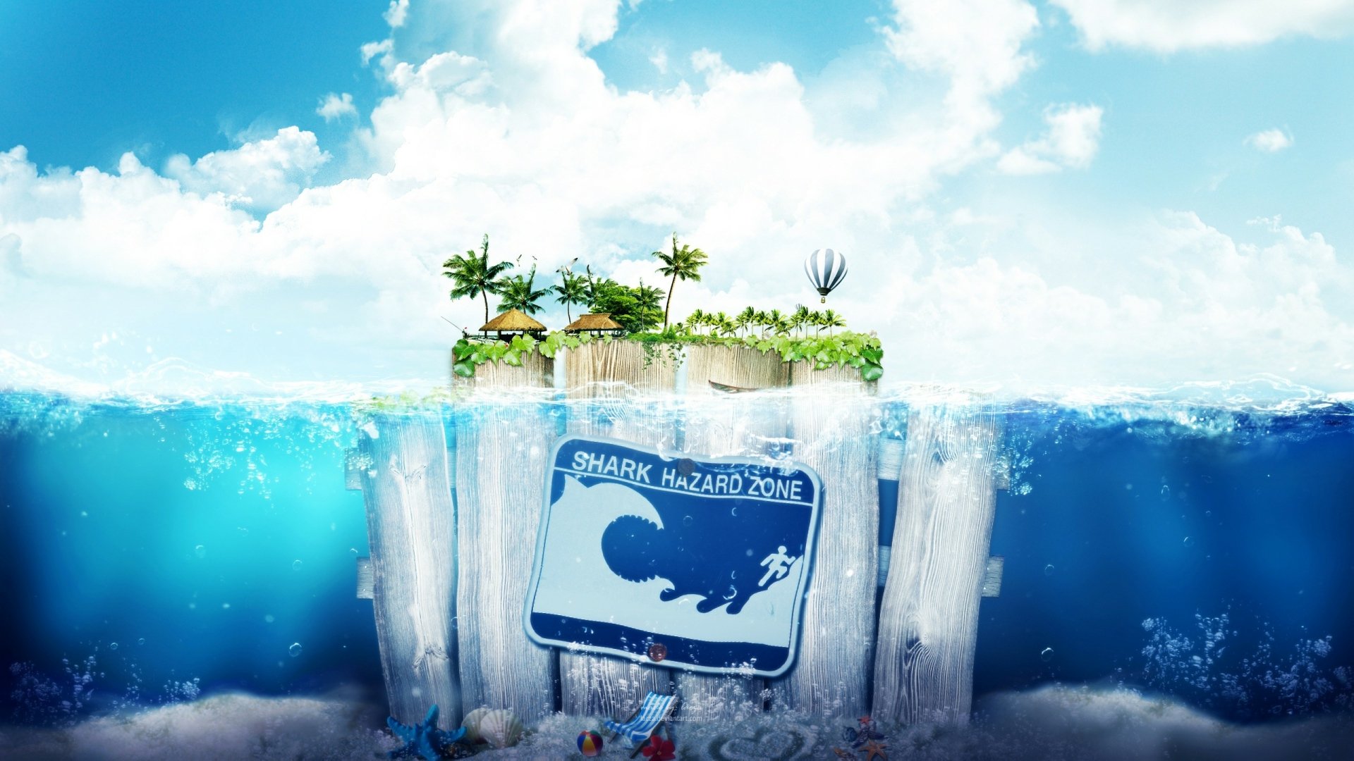 HD desktop wallpaper featuring an imaginative Frutiger Aero design with a tropical island on a floating iceberg and a 'Shark Hazard Zone' sign under the ocean.