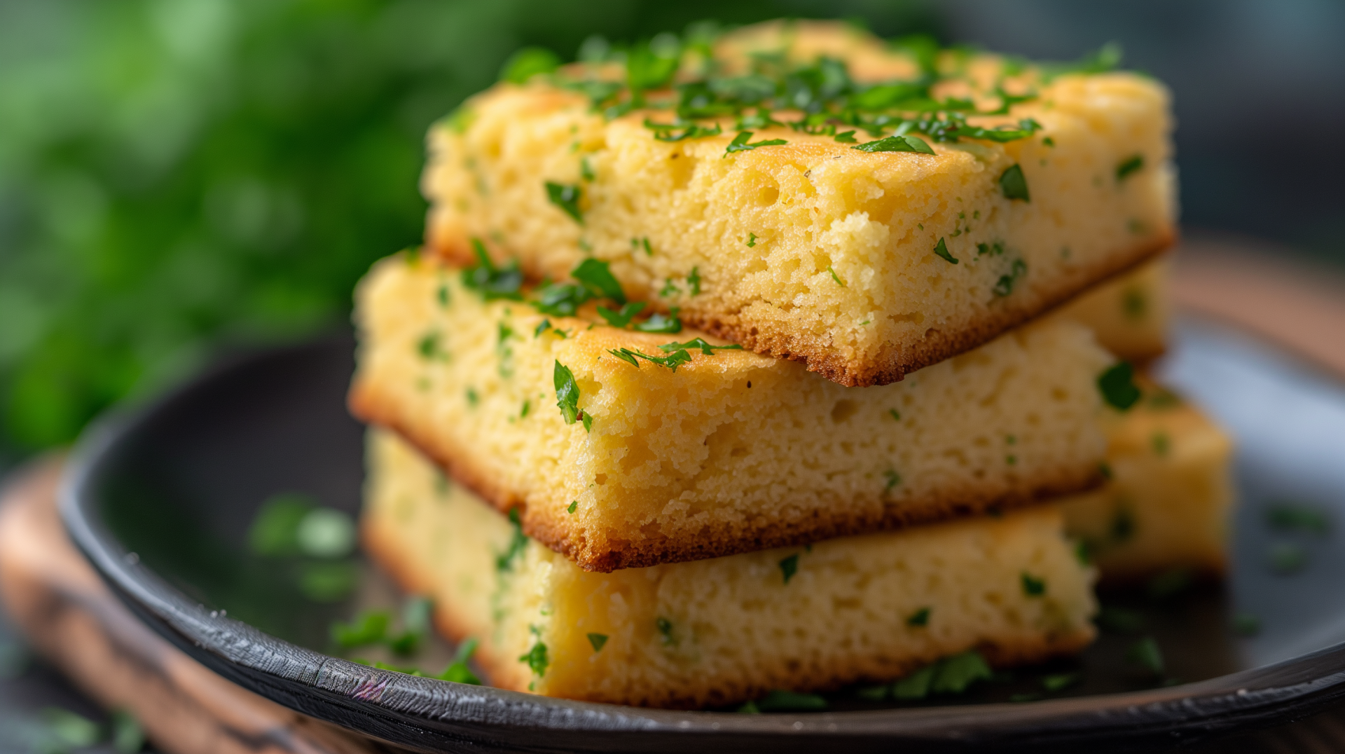 A close-up of three stacked pieces of cornbread topped with fresh herbs on a dark plate, set against a blurred green background, making for a vibrant HD desktop wallpaper.