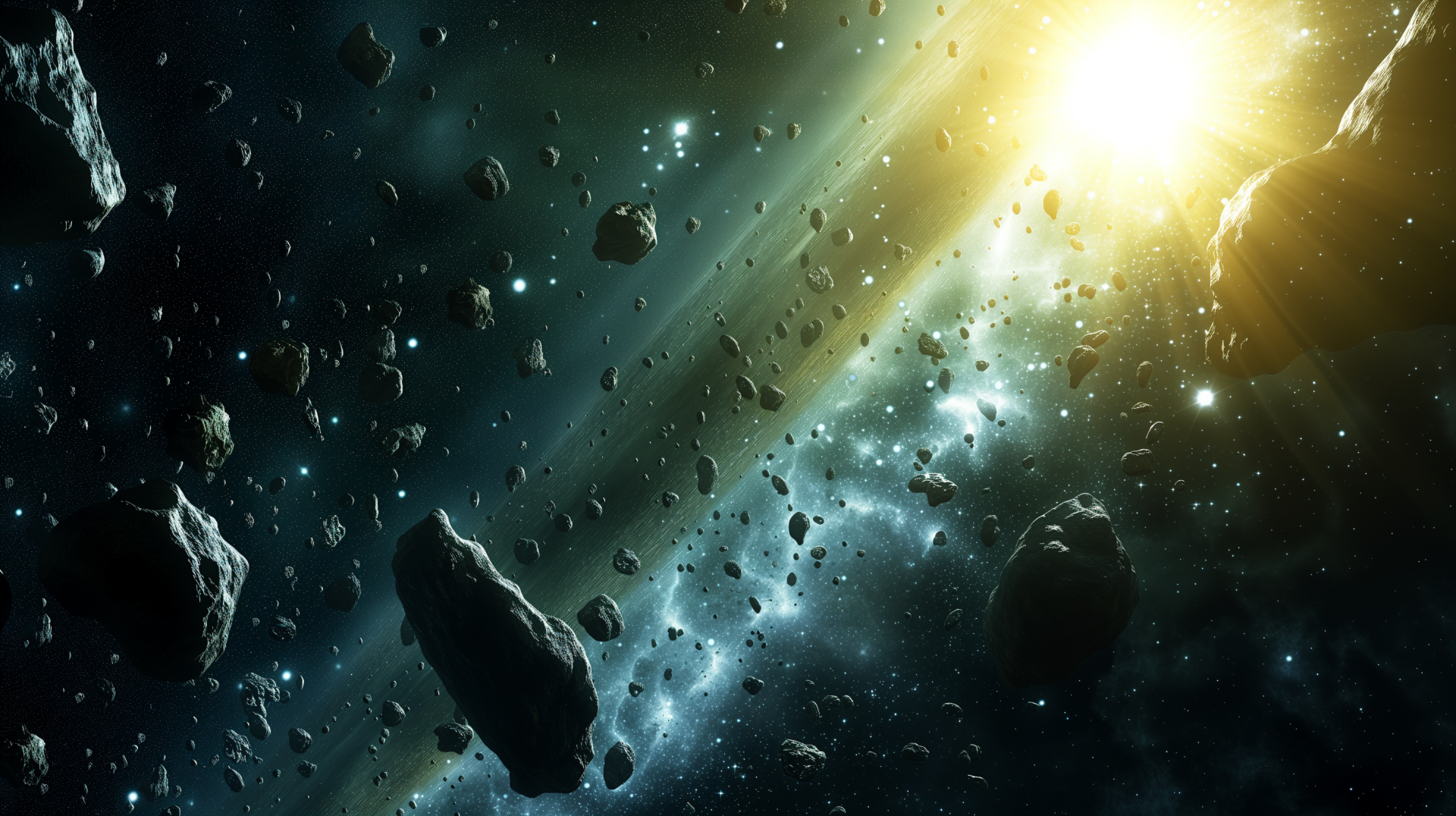 HD desktop wallpaper of the asteroid belt with sunbeams shining through space rocks.