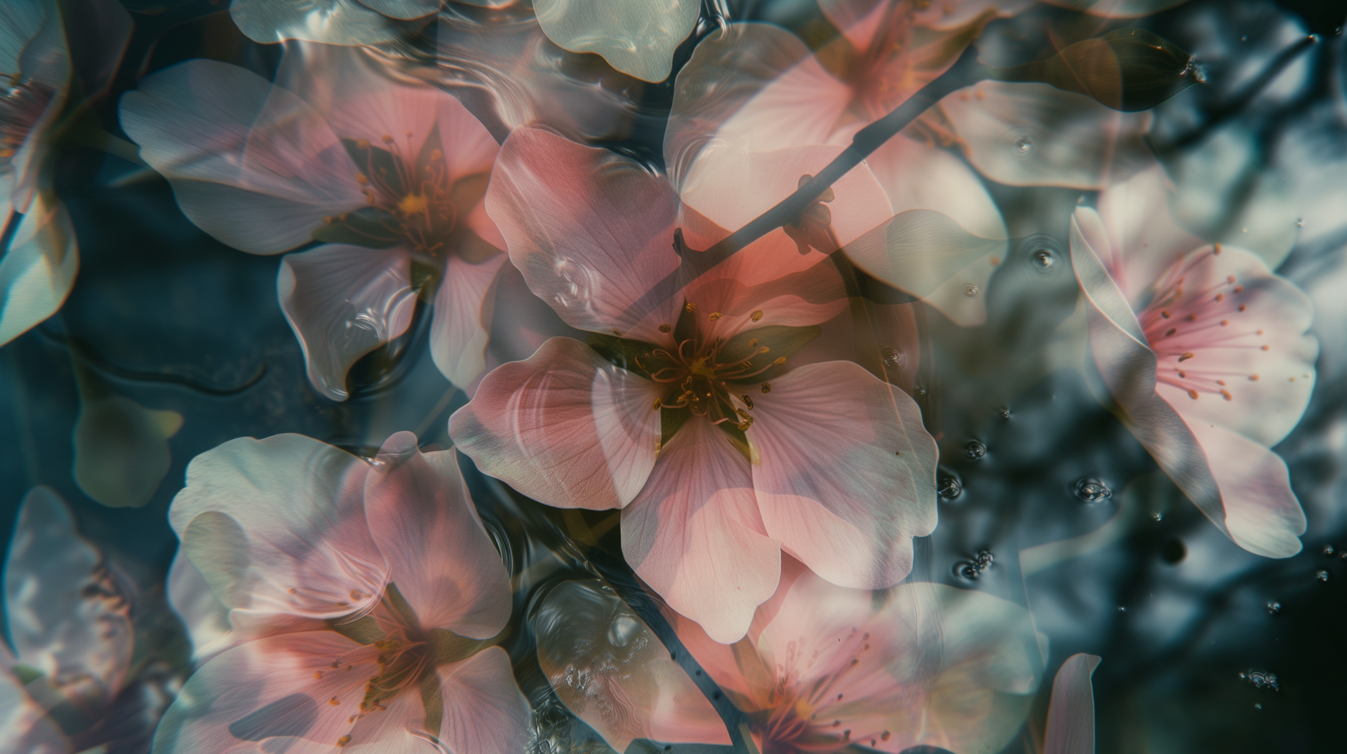 HD wallpaper of delicate pink flowers submerged underwater with bubbles, creating a serene and artistic background.