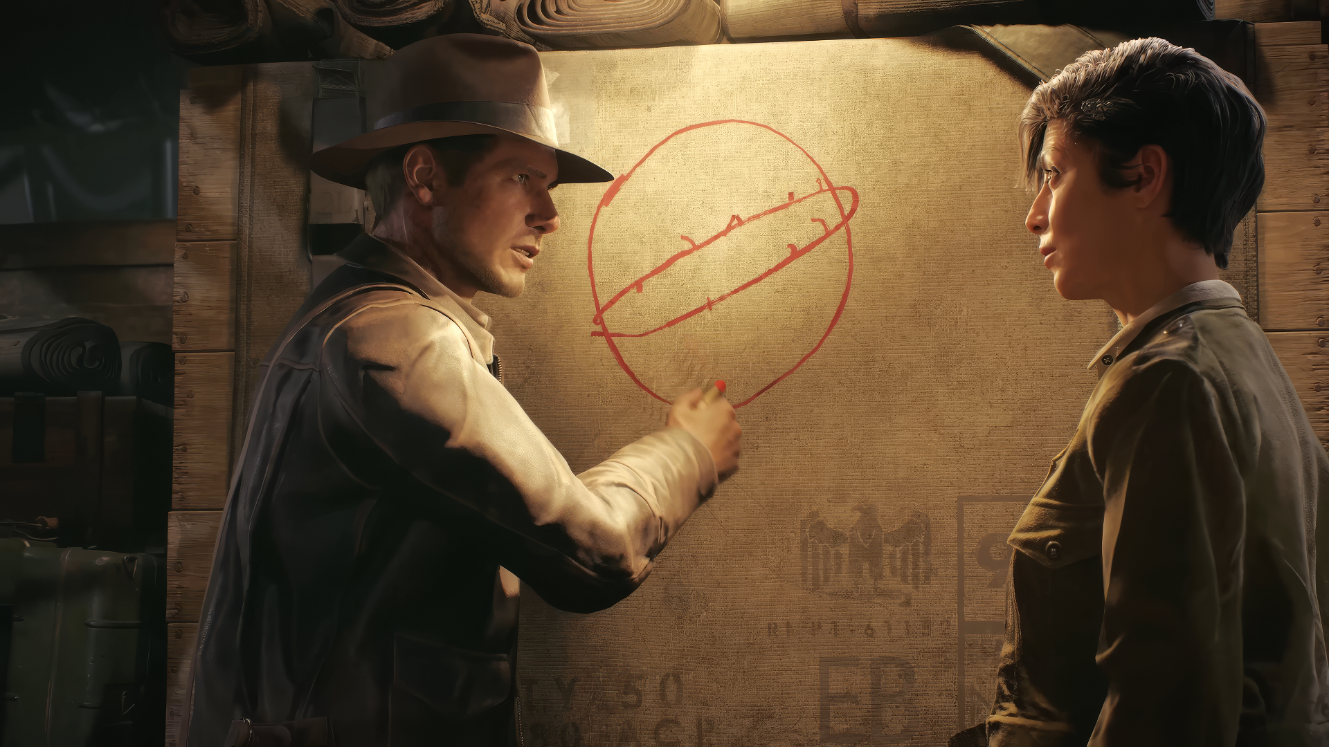 HD wallpaper featuring a scene from Indiana Jones and the Great Circle video game, with two characters examining a mysterious circular symbol.