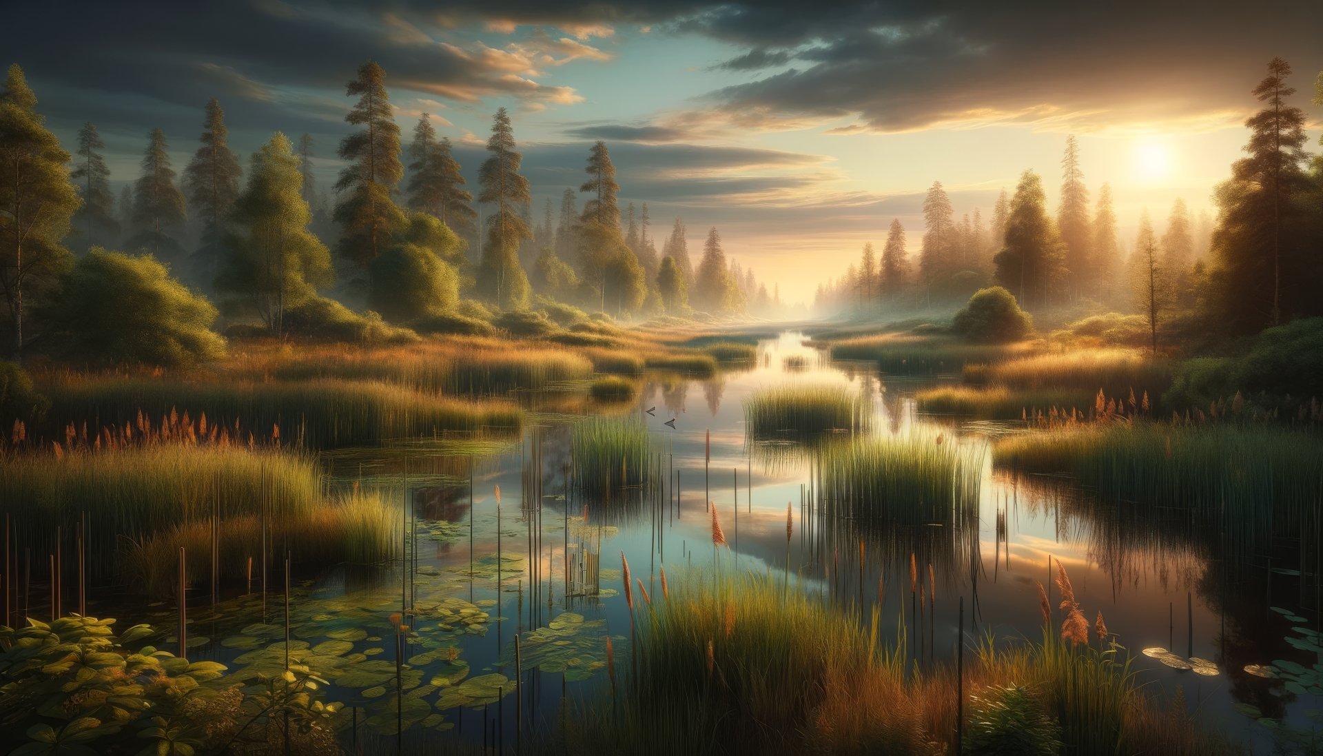Serenity at Sunrise: Majestic Marsh Landscape HD Wallpaper by patrika