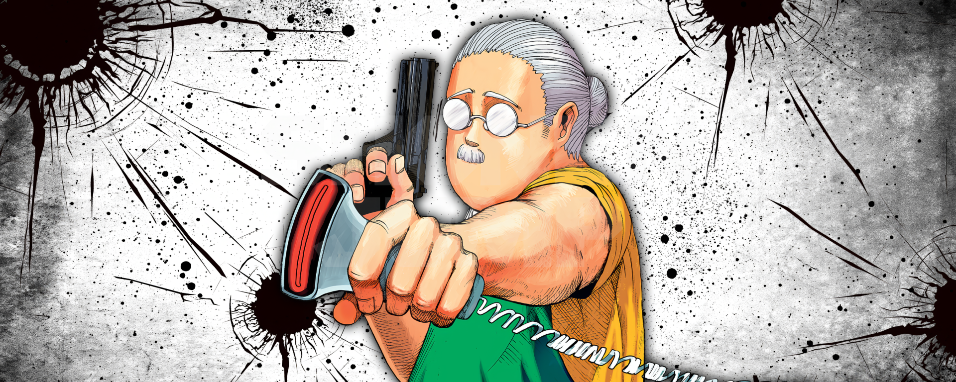 A dynamic HD desktop wallpaper featuring an anime character from Sakamoto Days, aiming a gun with a determined expression against a backdrop of splattered ink.