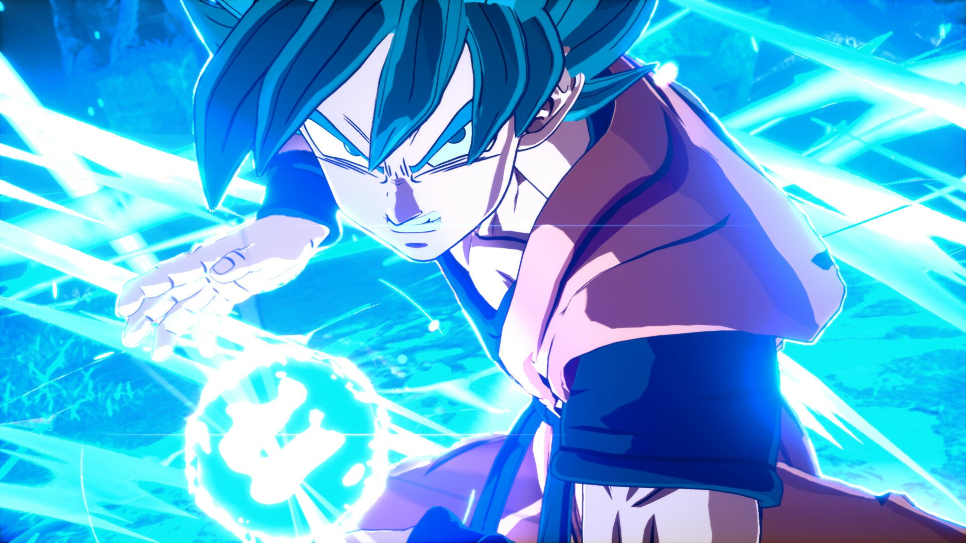 HD wallpaper from DRAGON BALL: Sparking! ZERO featuring Goku in Super Saiyan Blue form.