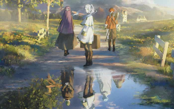 HD wallpaper of Frieren: Beyond Journey's End featuring Frieren, Fern, and Stark walking on a countryside path with reflections in a puddle. The scene is tranquil and picturesque.