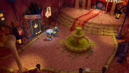 HD wallpaper of Super Crazy Rhythm Castle game, featuring colorful interior with fountain, game characters, and festive decorations.