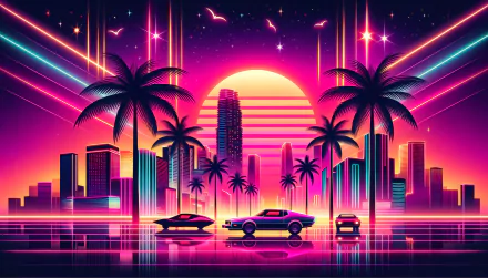 Retro-futuristic cityscape with neon colors, palm trees, and stylish cars under a starry sky for HD wallpaper download.