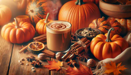 A cozy arrangement featuring a pumpkin spice latte surrounded by pumpkins, spices, and autumn leaves, creating a warm, seasonal atmosphere in a high-definition wallpaper.