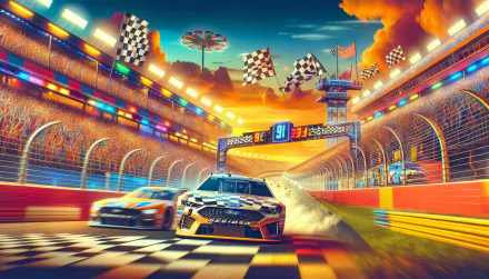 Racing cars speeding on track at sunset with checkered flags and vibrant sky HD wallpaper.