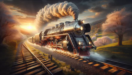 A majestic steam train puffs along the tracks, surrounded by blooming trees at sunset, creating a stunning HD desktop wallpaper and background.