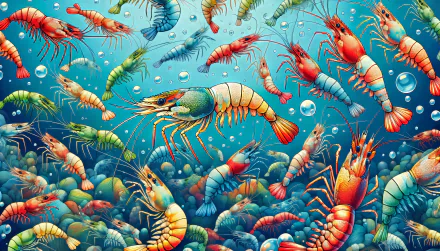 A vibrant HD wallpaper featuring a colorful underwater scene filled with various shrimp, swimming amidst bubbles and pebbles, creating a lively aquatic ambiance.