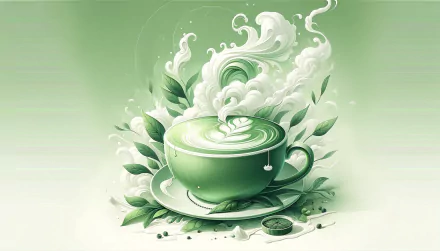 A vibrant green tea latte sits elegantly in a cup, surrounded by lush leaves and swirling steam, creating a serene and inviting atmosphere for a desktop wallpaper.