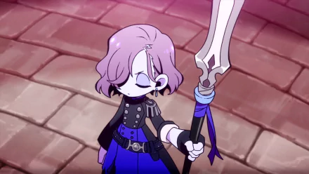 HD desktop wallpaper featuring a stylized character from Persona 5 Tactica, holding a sword, with a pink-hued backdrop.