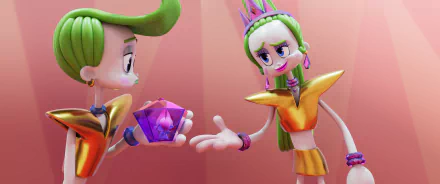 HD desktop wallpaper featuring two animated Trolls characters with vibrant outfits, one offering a gemstone to the other, symbolizing unity, tagged as 'Trolls Band Together'.