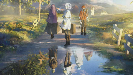 HD wallpaper of Frieren: Beyond Journey's End featuring Frieren, Fern, and Stark walking on a countryside path with reflections in a puddle. The scene is tranquil and picturesque.