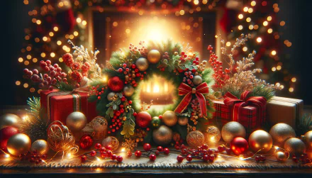 Festive Christmas wreath and gifts HD wallpaper with sparkling lights and holiday decorations for a cozy desktop background.