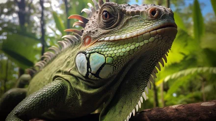 A vivid HD desktop wallpaper featuring a close-up of an iguana, showcasing its intricate textures and vibrant green color set against a lush green background.