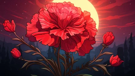 Vibrant red carnation flower with HD desktop wallpaper and background featuring a dreamy sunset sky.