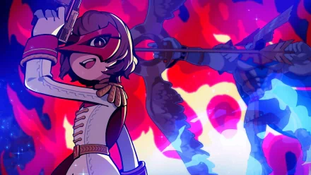 HD desktop wallpaper featuring a stylized character from Persona 5 Tactica in a dynamic pose with a vibrant blue and red background.