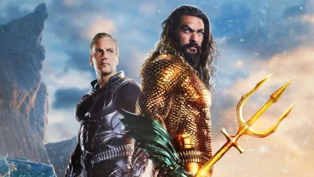 HD wallpaper featuring characters from Aquaman and The Lost Kingdom with actor resembling Jason Momoa holding a trident.