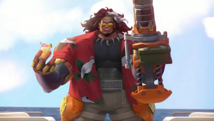 HD Overwatch 2 Mauga wallpaper featuring the character smiling with a tropical drink, set against a sunny ocean backdrop.
