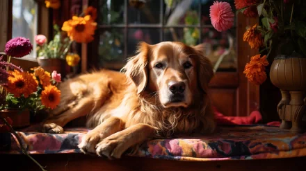 Golden Retriever lying on a cushion among vibrant flowers, HD desktop wallpaper.
