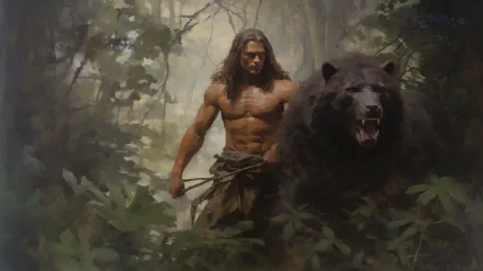 HD wallpaper of Tarzan with a bear in the jungle for desktop background.