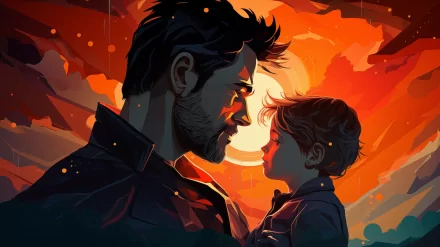 A heartwarming digital wallpaper depicting a father and child sharing a moment, set against a vibrant sunset, capturing the essence of Father's Day.