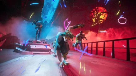HD wallpaper featuring the character Ezreal from League of Legends, poised in action within the vibrant, neon-lit setting of Heartsteel.
