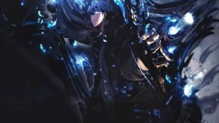 Sung Jin-Woo from Solo Leveling HD Wallpaper – Mysterious Aura with Dynamic Blue Tones – Desktop Background.