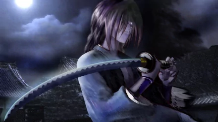 HD wallpaper of Kenshin Himura from Rurouni Kenshin with a katana, set against a moody, dark background.