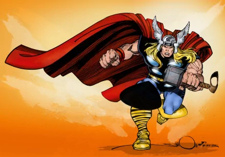 Thor wielding his mighty hammer Mjolnir, standing strong and heroic against a dramatic background in this HD desktop wallpaper.