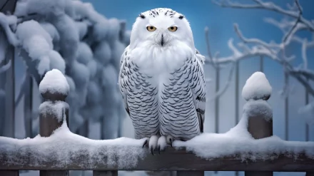 Stunning HD desktop wallpaper featuring a majestic snowy owl perched on a snow-covered fence against a serene winter backdrop.