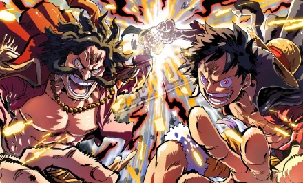 Dynamic 4K Ultra HD anime wallpaper featuring Gol D. Roger and Monkey D. Luffy from One Piece, showcasing intense action and vibrant energy for PC desktop backgrounds.