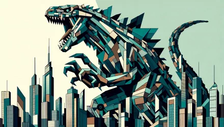 HD Godzilla-themed desktop wallpaper featuring a stylistic, geometric illustration of Godzilla rampaging through a cityscape.