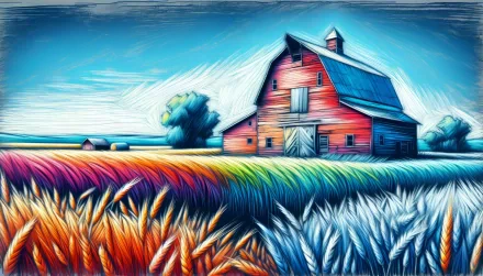 Colorful HD desktop wallpaper featuring an artistic rendition of a barn amidst vibrant fields under a clear sky.