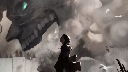 HD desktop wallpaper featuring Eren Yeager from Attack on Titan, confronting a colossal titan amidst destruction.