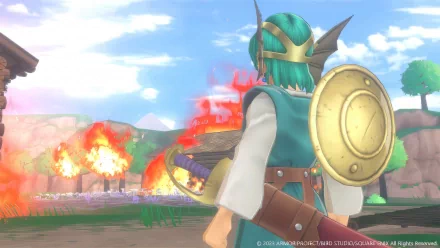 A character from Dragon Quest Monsters: The Dark Prince stands ready, shield in hand, as flames erupt in the background, showcasing vibrant HD visuals for an engaging desktop wallpaper.