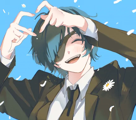 Himeno from Chainsaw Man smiling brightly against a clear blue sky, featured in an HD anime desktop wallpaper with vibrant colors and dynamic pose.