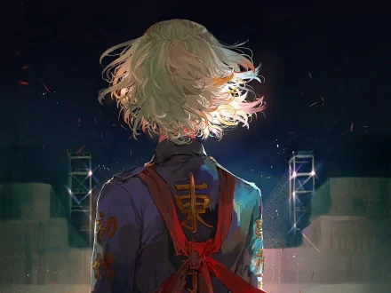 HD anime desktop wallpaper featuring Mikey Manjiro Sano from Tokyo Revengers, showcasing his back with illuminated hair in a dramatic nighttime scene.