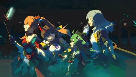 4K Ultra HD PC desktop wallpaper of Honkai: Star Rail characters Guinaifen, Li Sushang, Huohuo and Stelle in a dynamic neon-lit group pose, video game artwork.