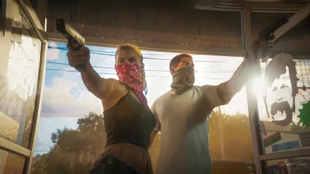 8K Ultra HD PC desktop wallpaper featuring two masked characters from the video game Grand Theft Auto VI aiming guns inside a sunlit urban setting.