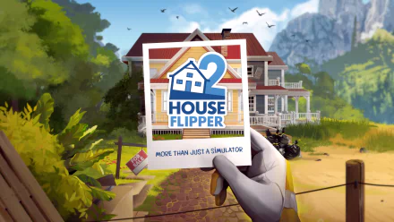 HD desktop wallpaper for House Flipper 2, featuring a hand holding a sign with the game's logo in front of a picturesque house, with mountains and birds in the background.