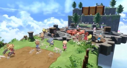 A vibrant HD desktop wallpaper from Granblue Fantasy Versus: Rising, showcasing a colorful scene with characters exploring a lush environment under a bright sky.