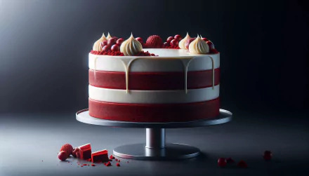 HD wallpaper of a delicious red velvet cake with cream cheese frosting on a dark background.